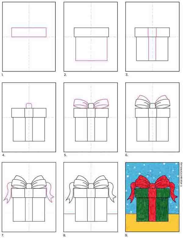 A step by step tutorial for how to draw an easy present, also available as a free download.