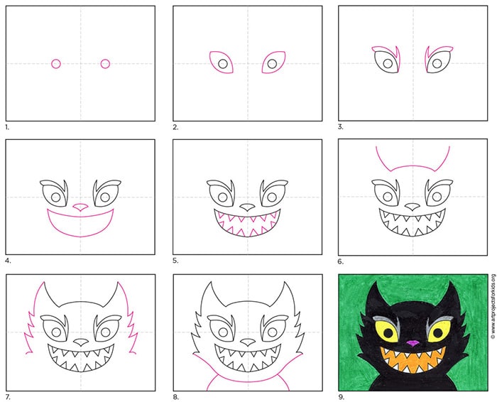 A step by step tutorial for how to draw an easy Scary Cat, also available as a free download.