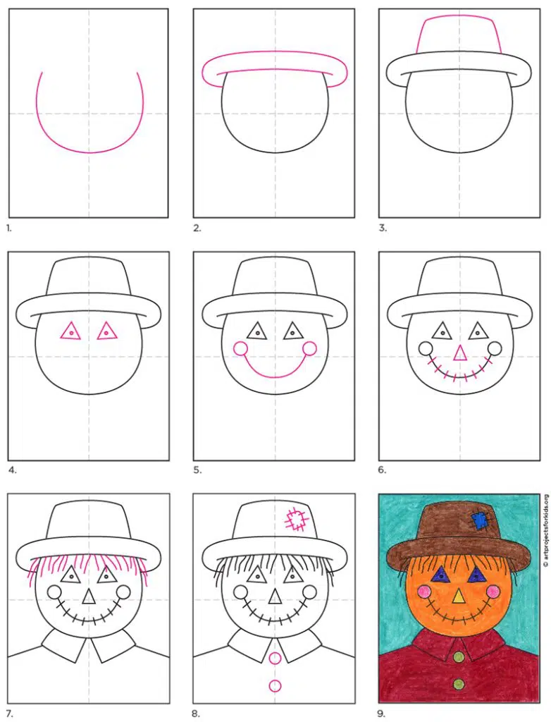 A step by step tutorial for how to draw an easy Scarecrow Face, which is available as a free download.