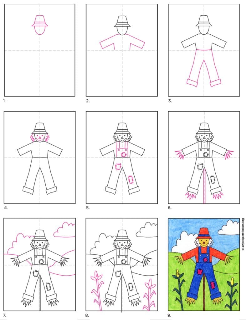 A step by step tutorial for how to draw an easy Scarecrow, also available as a free download.