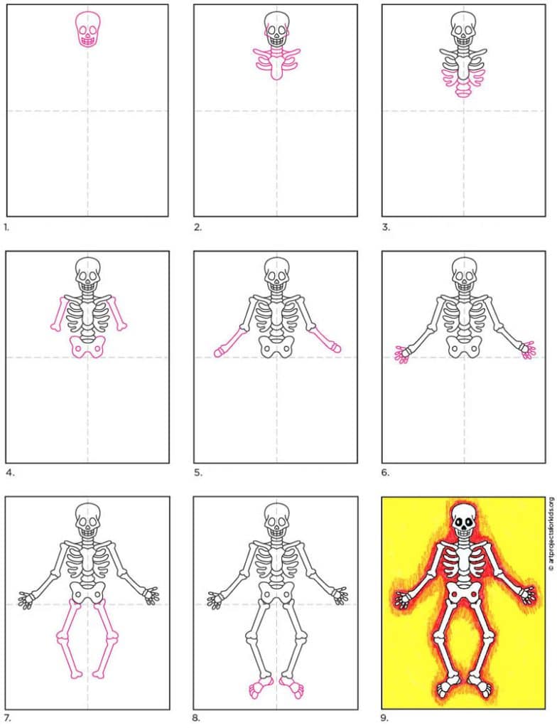 A step by step tutorial for how to draw an easy skeleton, also available as a free download.