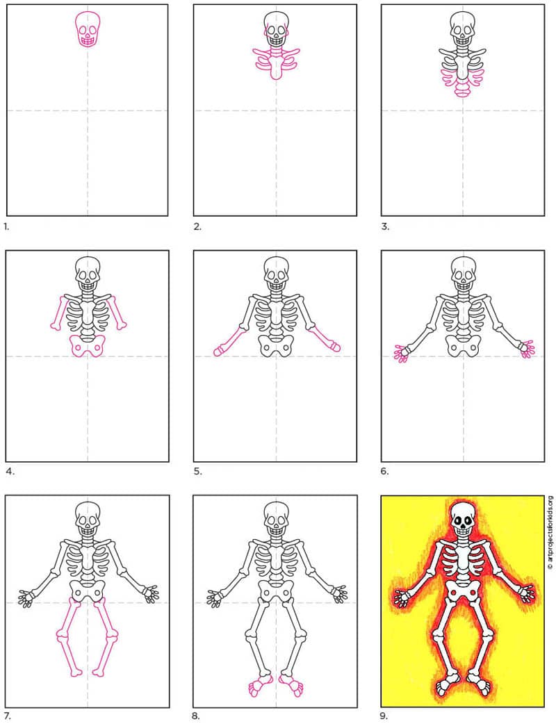 Easy How to Draw a Skeleton Tutorial and Skeleton Coloring Page
