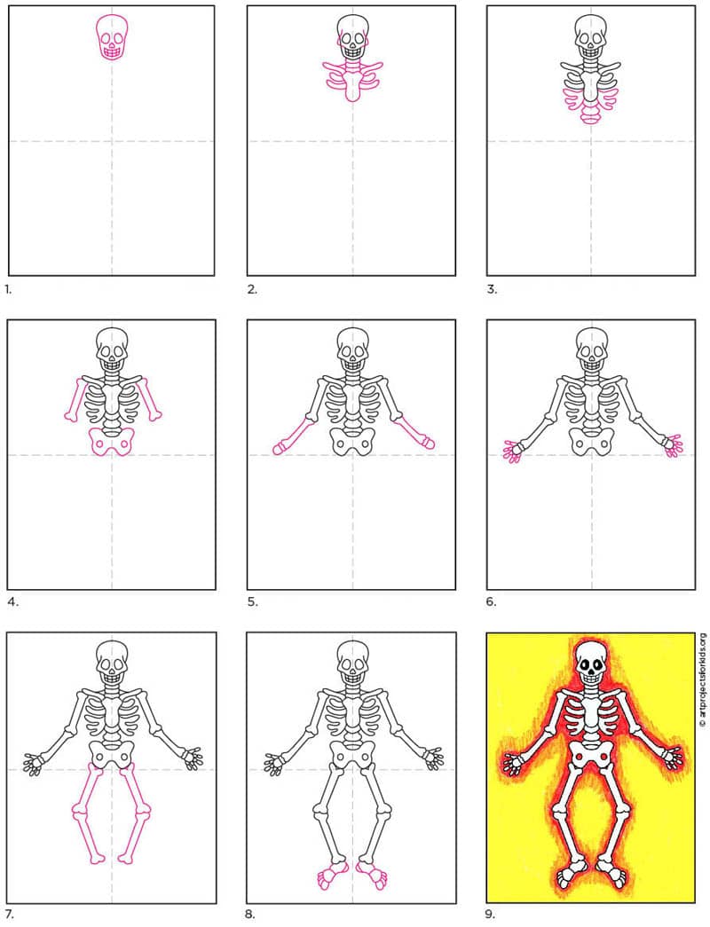 Easy How To Draw A Skeleton Tutorial And Skeleton Coloring Page