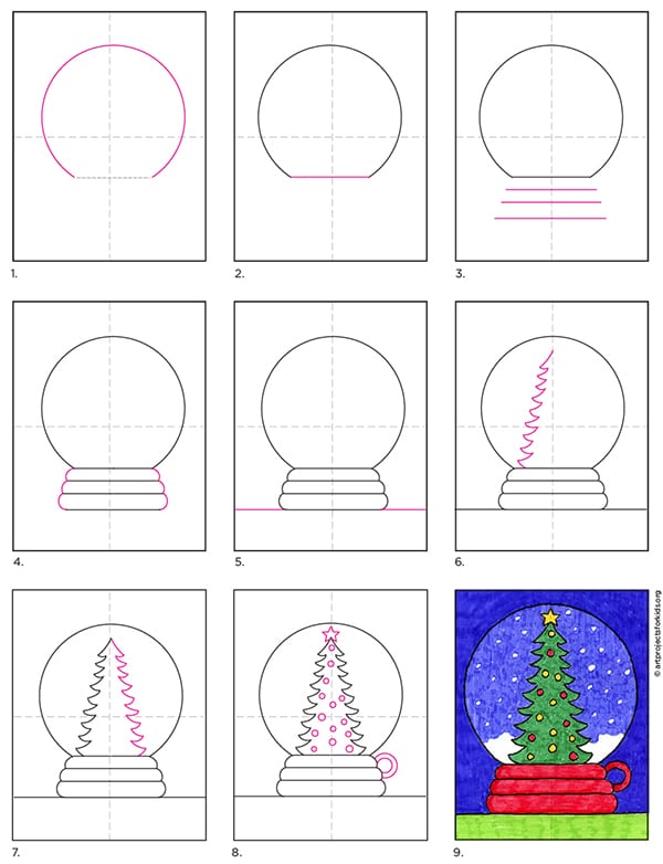 A step by step tutorial for how to draw an easy Snow Globe, also available as a free download.