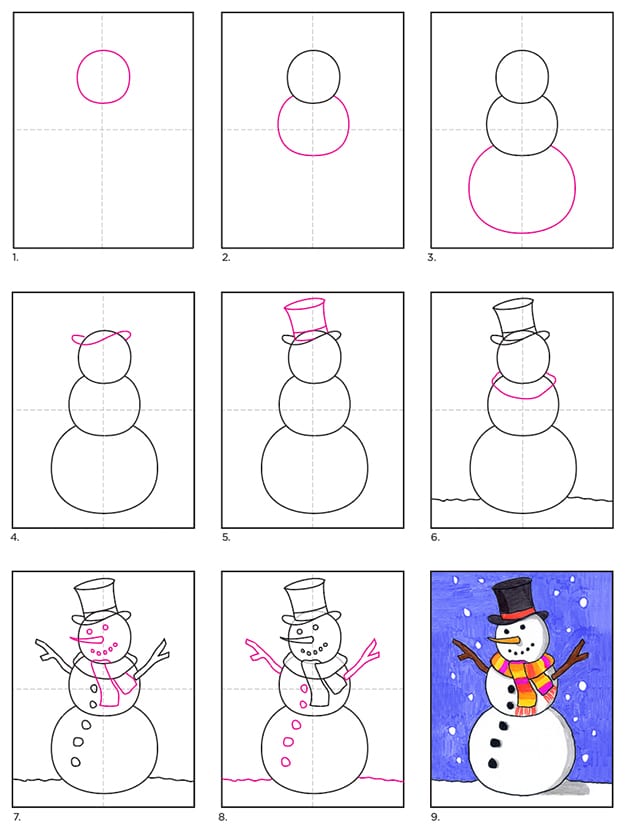 A step by step tutorial for how to draw an easy Snowman, also available as a free download.