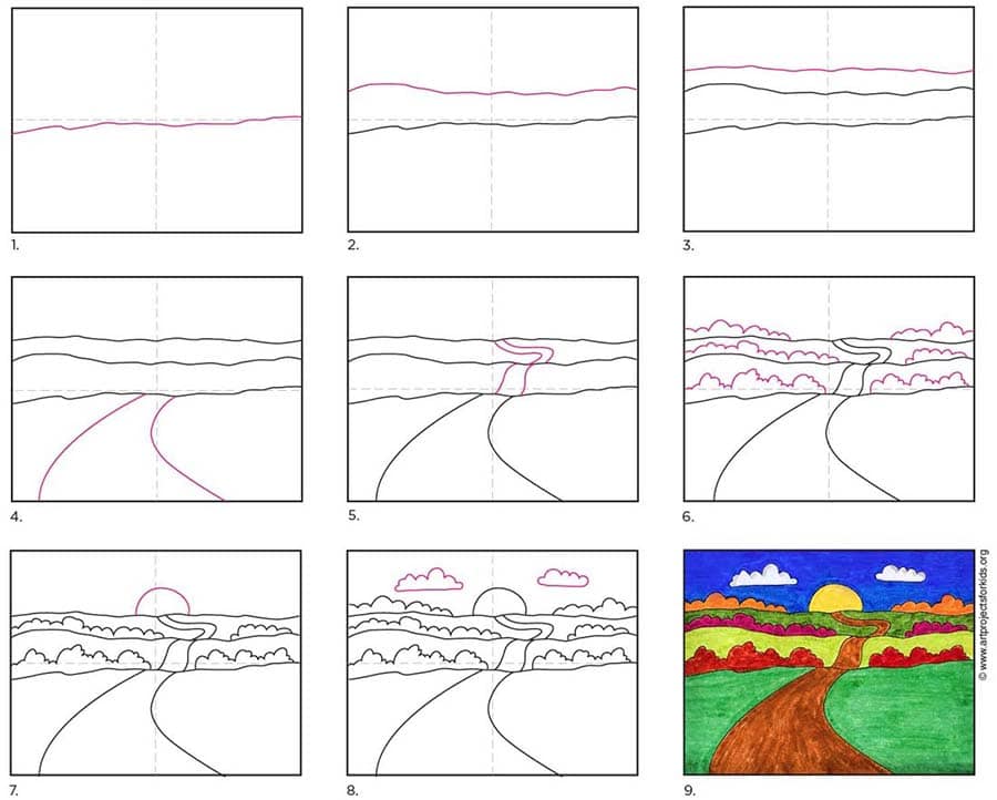A step by step tutorial for how to draw an easy sunset, which is available as a free download.
