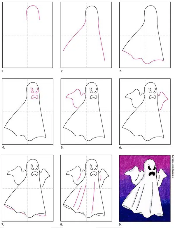A step by step tutorial for how to draw an easy ghost, also available as a free download.