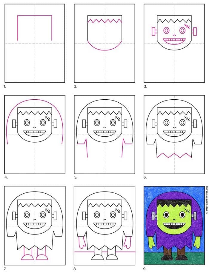 A step by step tutorial for how to draw an easy Frankenstein, also available as a free download.