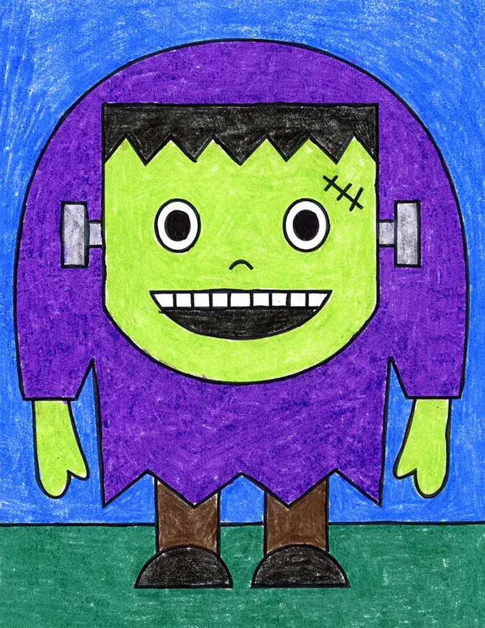 A drawing of Frankenstein, made with the help of an easy step by step tutorial.