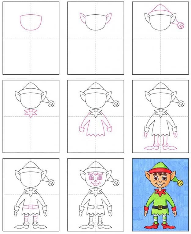 A step by step tutorial for how to draw an easy elf, also available as a free download.