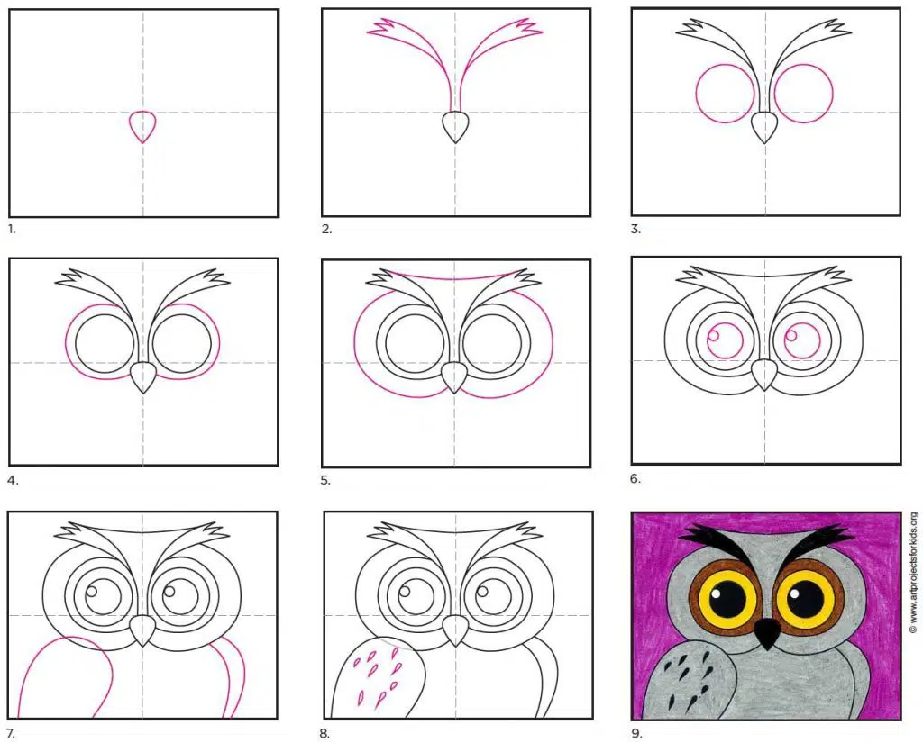 A step by step tutorial for how to draw an easy owl face.