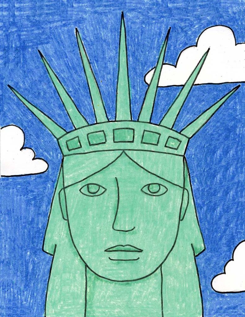 A drawing of the face of the Statue of Liberty, made with the help of an easy step by step tutorial.