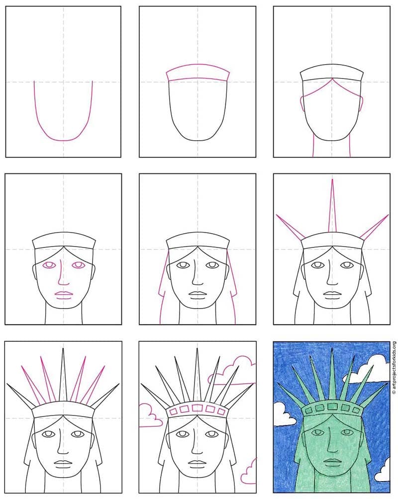 A step by step tutorial for how to draw the Statue of Liberty's Face, which is available as a free download.