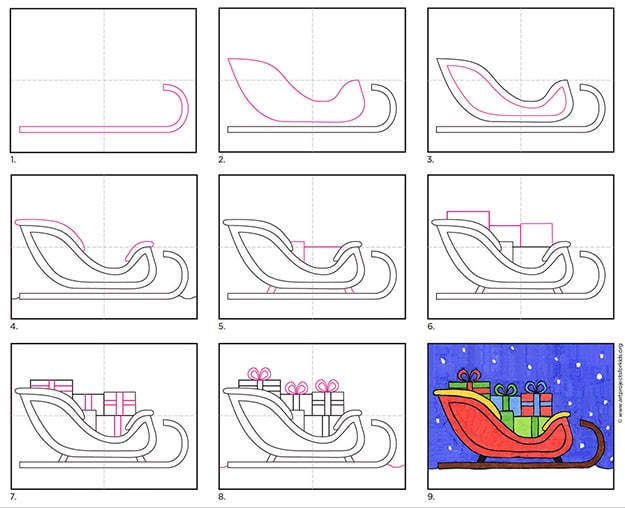 A step by step tutorial for how to draw an easy Santa Sleigh, also available as a free download.