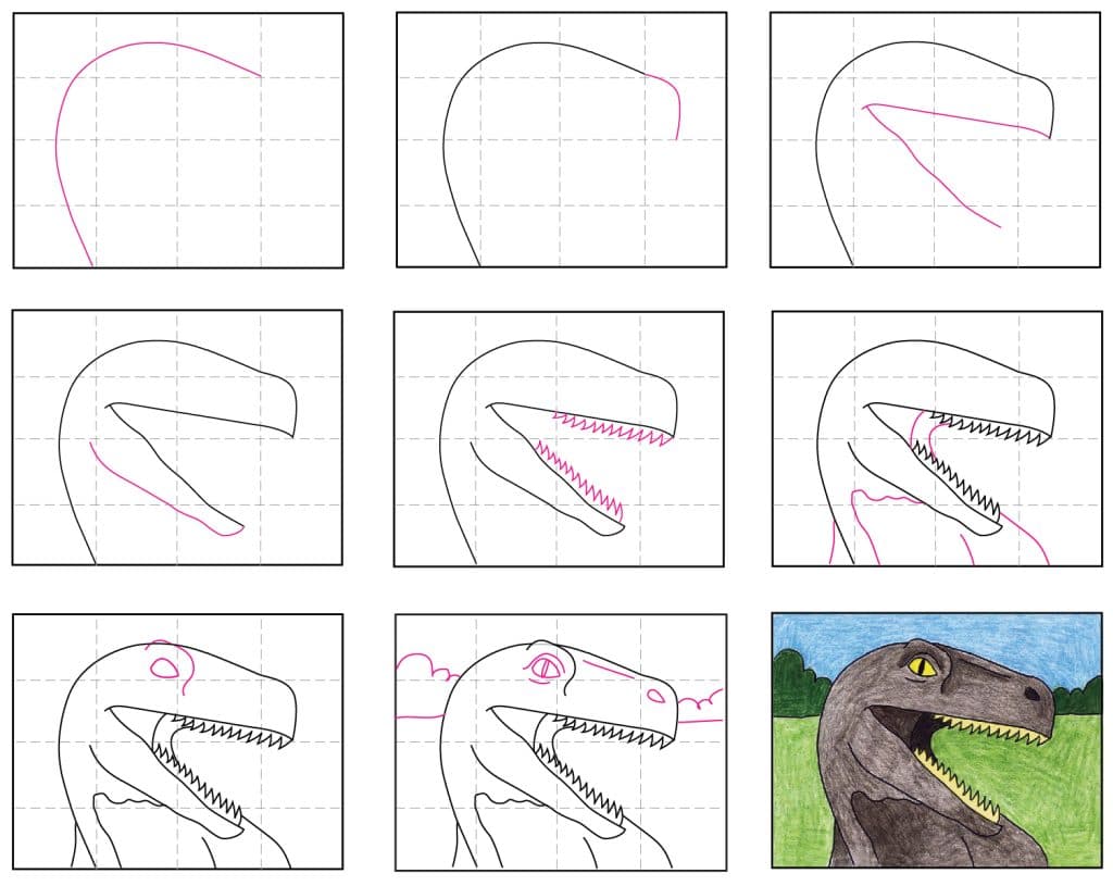 A step by step tutorial for how to draw an easy Dinosaur Head.