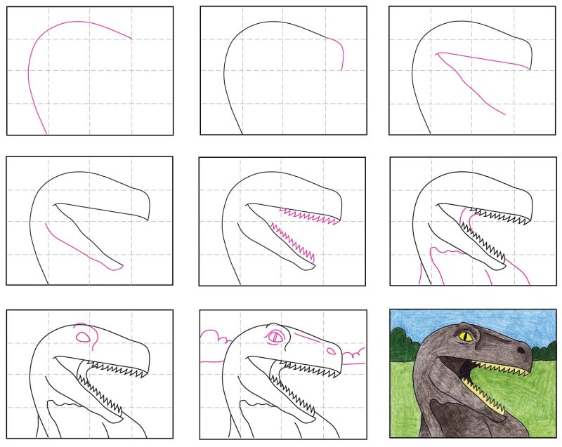 How to Draw a Dinosaur Head Tutorial and Dinosaur Coloring Page