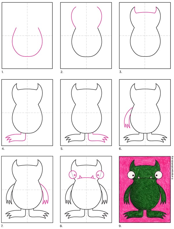 A step by step tutorial for how to draw an easy monster, also available as a free download.