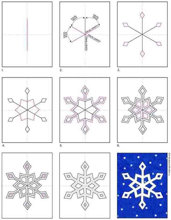 A step by step tutorial for how to draw an easy snowflake, also available as a free download.