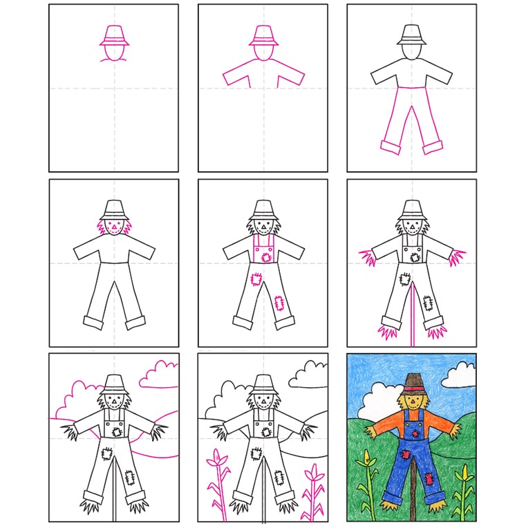 Easy How to Draw a Scarecrow Tutorial Video and Coloring Page