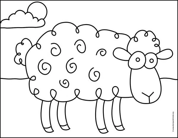 Страница раскраски мультяшных овец, доступная для бесплатного скачивания.