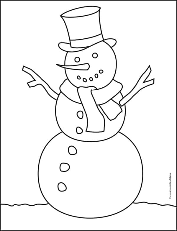 Easy How to Draw a Snowman Tutorial Video and Coloring Page