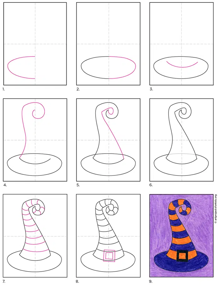 A step by step tutorial for how to draw an easy Witch Hat, also available as a free download.