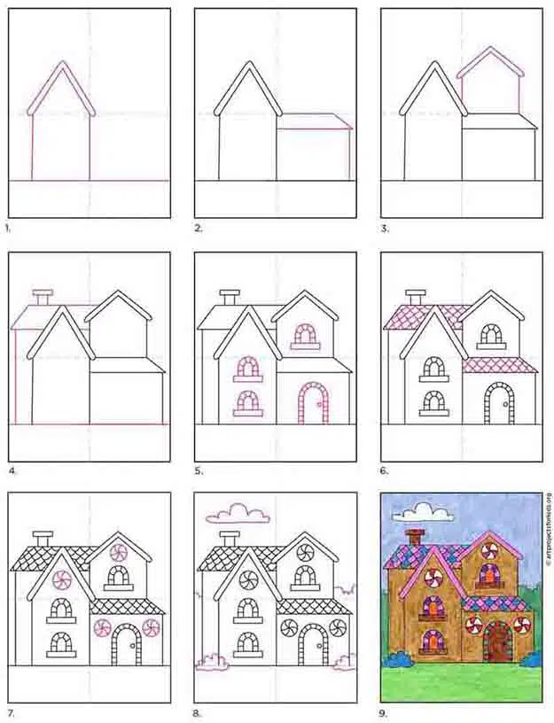 A step by step tutorial for how to draw a fancy Gingerbread House, also available as a free download.