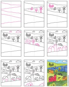 Easy How To Draw A Landscape Tutorial And Landscape Coloring Page