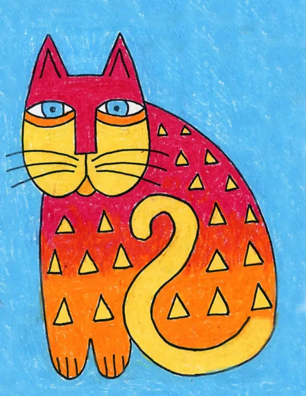 A drawing of a Laurel Burch Cat, made with the help of an easy step by step tutorial.