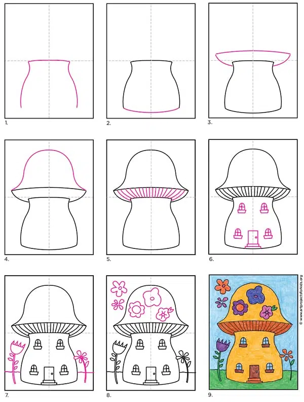 A step by step tutorial for how to draw an easy Fairy House, also available as a free download.