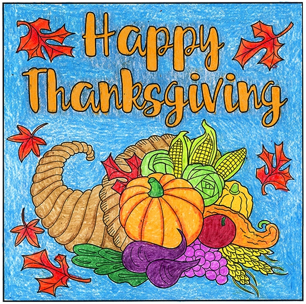 An Easy Thanksgiving mural idea, made with four pages that are colored and taped together.