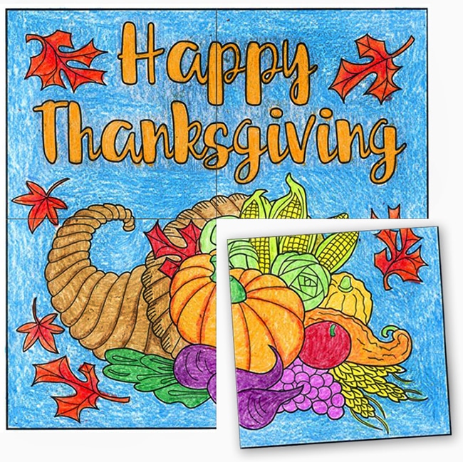 Easy Thanksgiving Mural ideas, made with four pages that are colored and taped together to create your own mural.
