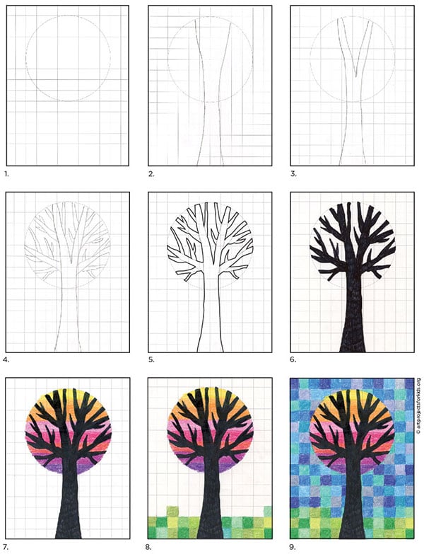 How to Draw Circle Grid Tree Art and Grid Tree Coloring Page — JINZZY