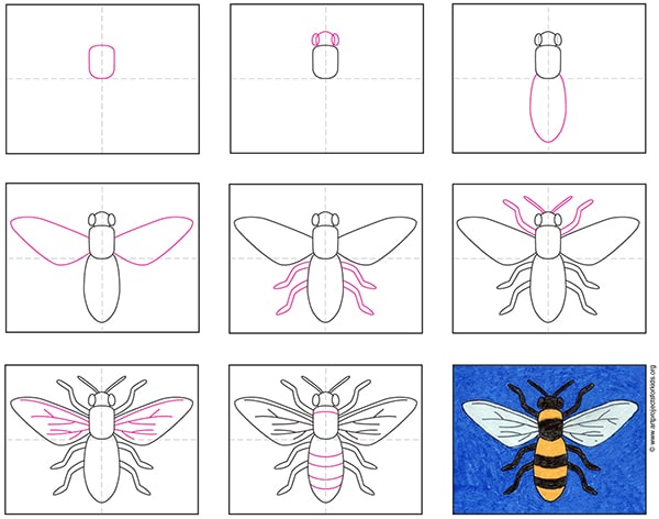 A step by step tutorial for how to draw an easy bee, also available as a free download.