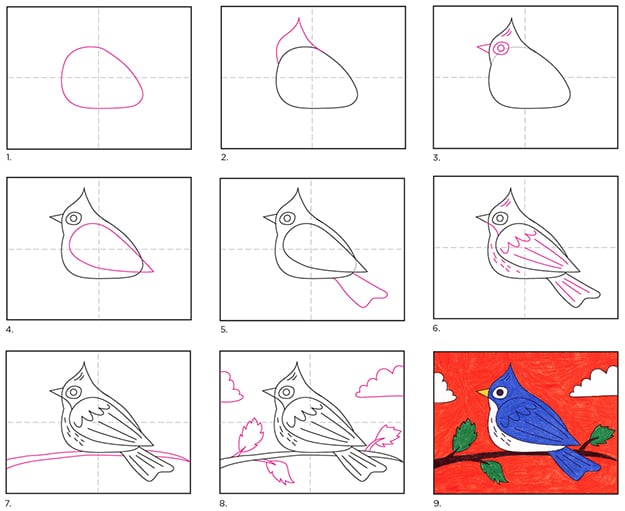 A step by step tutorial for how to draw an easy bird, also available as a free download.