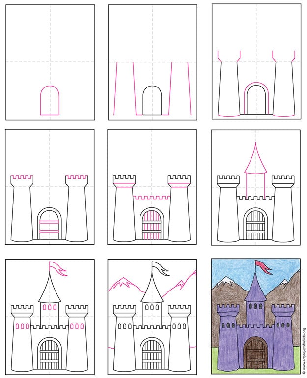A step by step tutorial for how to draw an easy castle, also available as a free download.