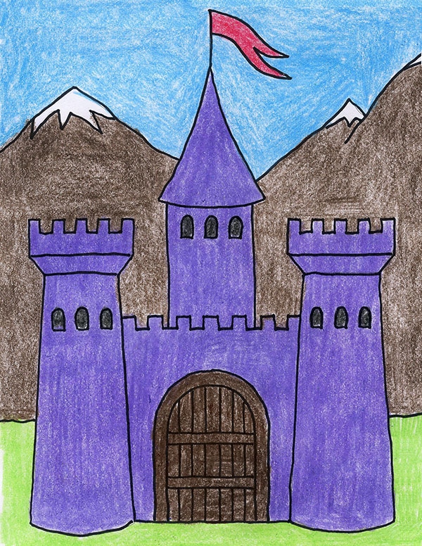 A drawing of a castle, made with the help of an easy step by step tutorial.