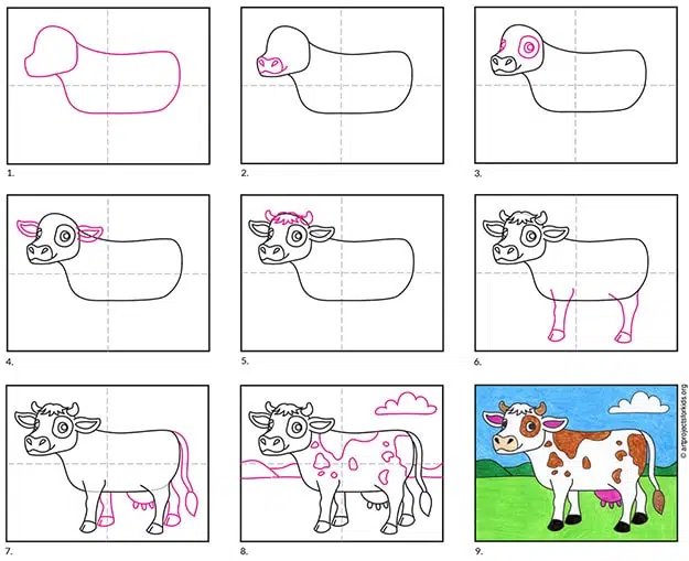 Пошаговое руководство по рисованию простой коровы, также доступное для бесплатной загрузки.