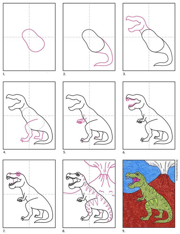 A step by step tutorial for how to draw an easy dinosaur, also available as a free download.