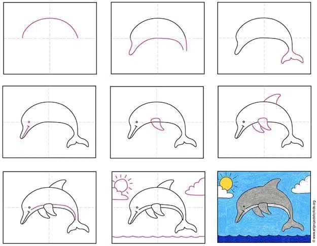 A step by step tutorial for how to draw an easy dolphin, also available as a free download.