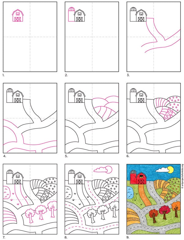 A step by step tutorial for how to draw an easy farm, also available as a free download.