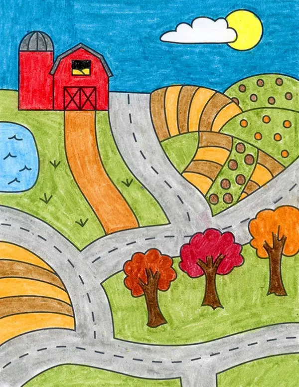 Easy How to Draw a Farm Tutorial and Farm Coloring Page