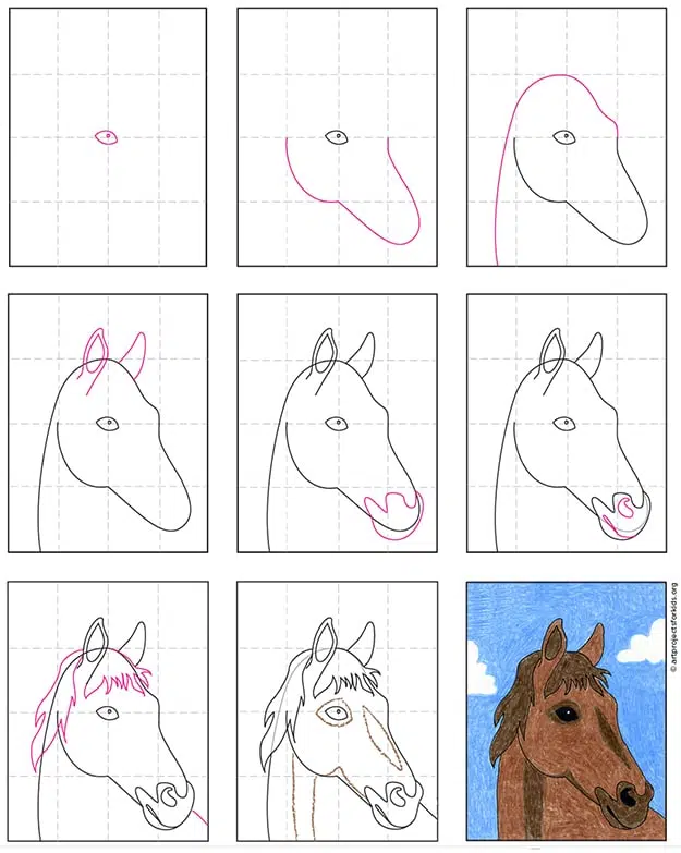 A step by step tutorial for how to draw an easy Horse Head, also available as a free download.