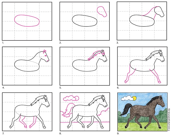 A step by step tutorial for how to draw an easy horse, also available as a free download.