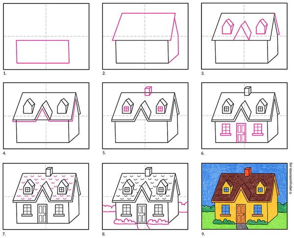 A step by step tutorial for how to draw an easy house, also available as a free download.