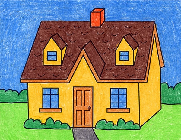 A drawing of a house, made with the help of an easy step by step tutorial.