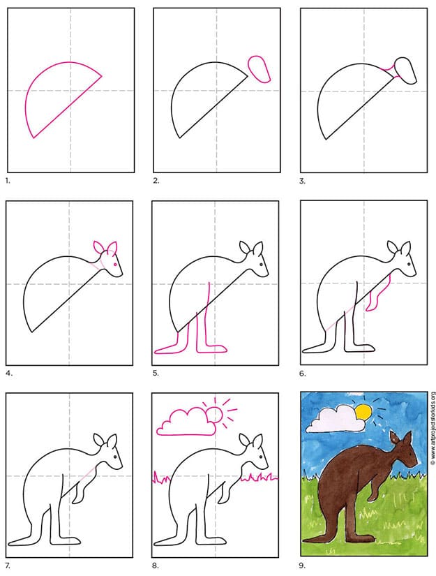 A step by step tutorial for how to draw an easy Kangaroo, also available as a free download.