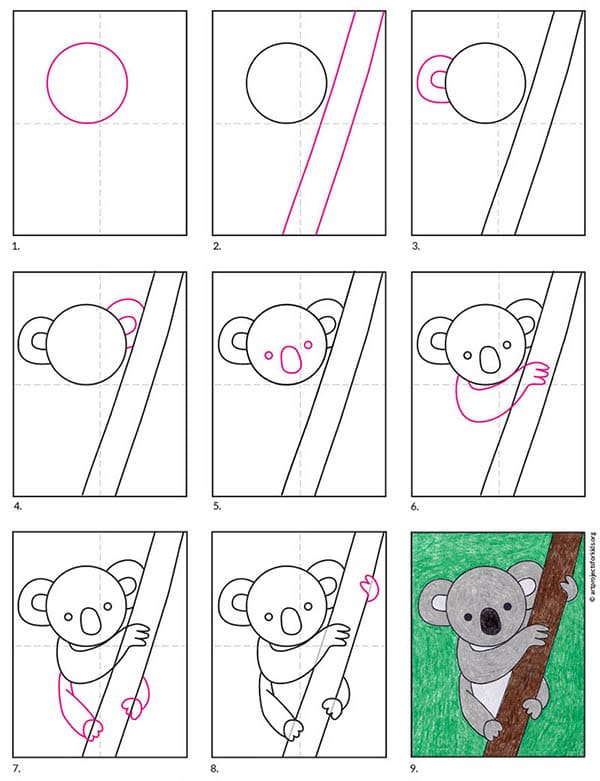 A step by step tutorial for how to draw an easy Koala, also available as a free download.