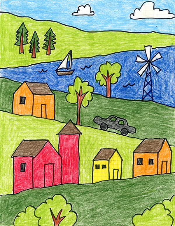 Easy How to Draw a Landscape Tutorial and Landscape Coloring Page