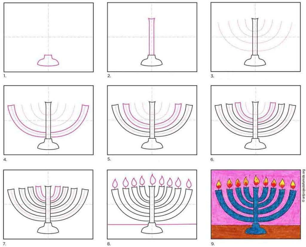 A step by step tutorial for how to draw an easy Menorah, also available as a free download.